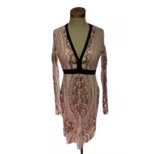 FOREVER UNIQUE 8 Dress, Long Sleeve, Plunging, Pink Gold Sequins NWT Homecoming